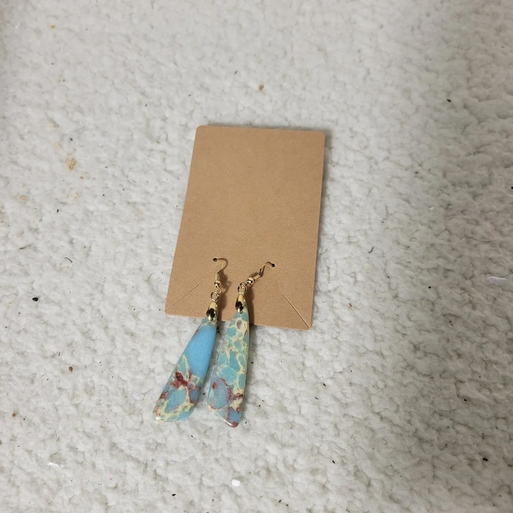 Blue Stone Look Triangle Dangle Earrings Gold Tone Hook Boho Marble Jasper Style